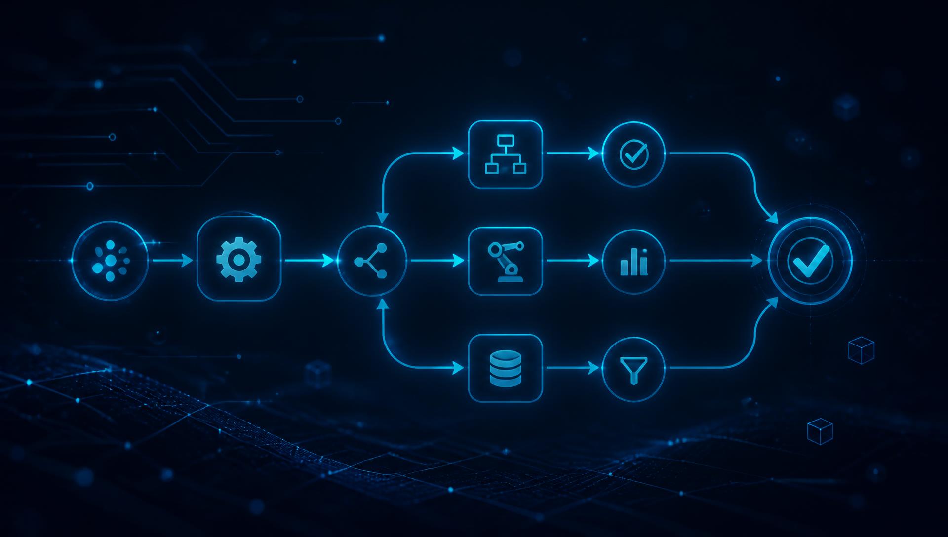 AI workflow automation nodes connected in a glowing diagram